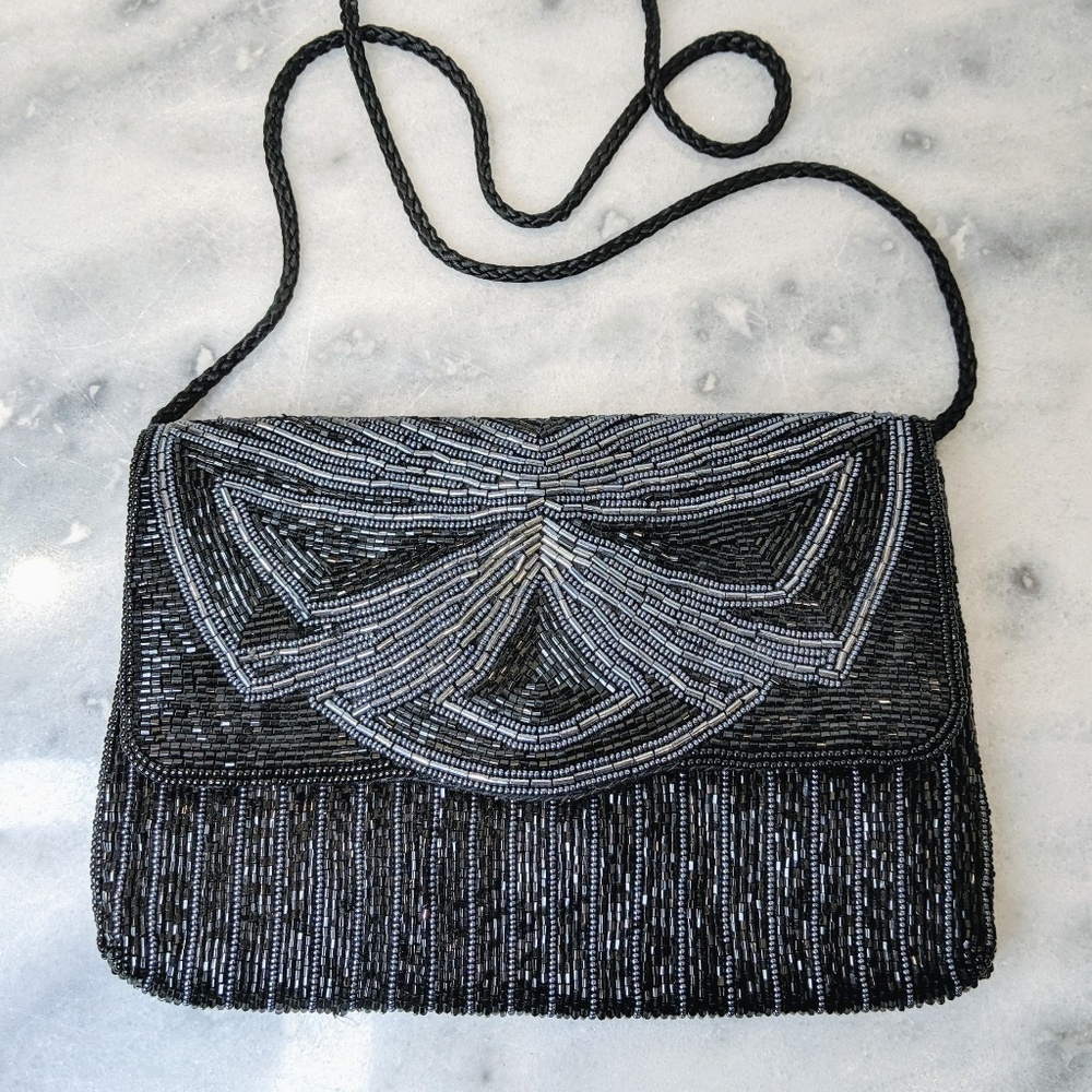 VINTAGE Beaded Black & Silver Evening Bag